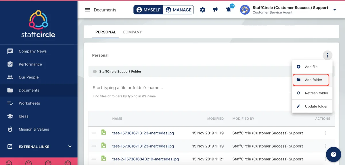 Screenshot from the StaffCircle platform: How do I add a File or Folder?