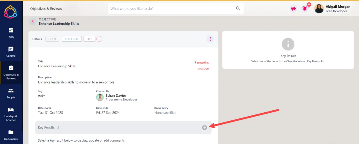 Screenshot from the StaffCircle platform: How do I add a new key result to my OKR?