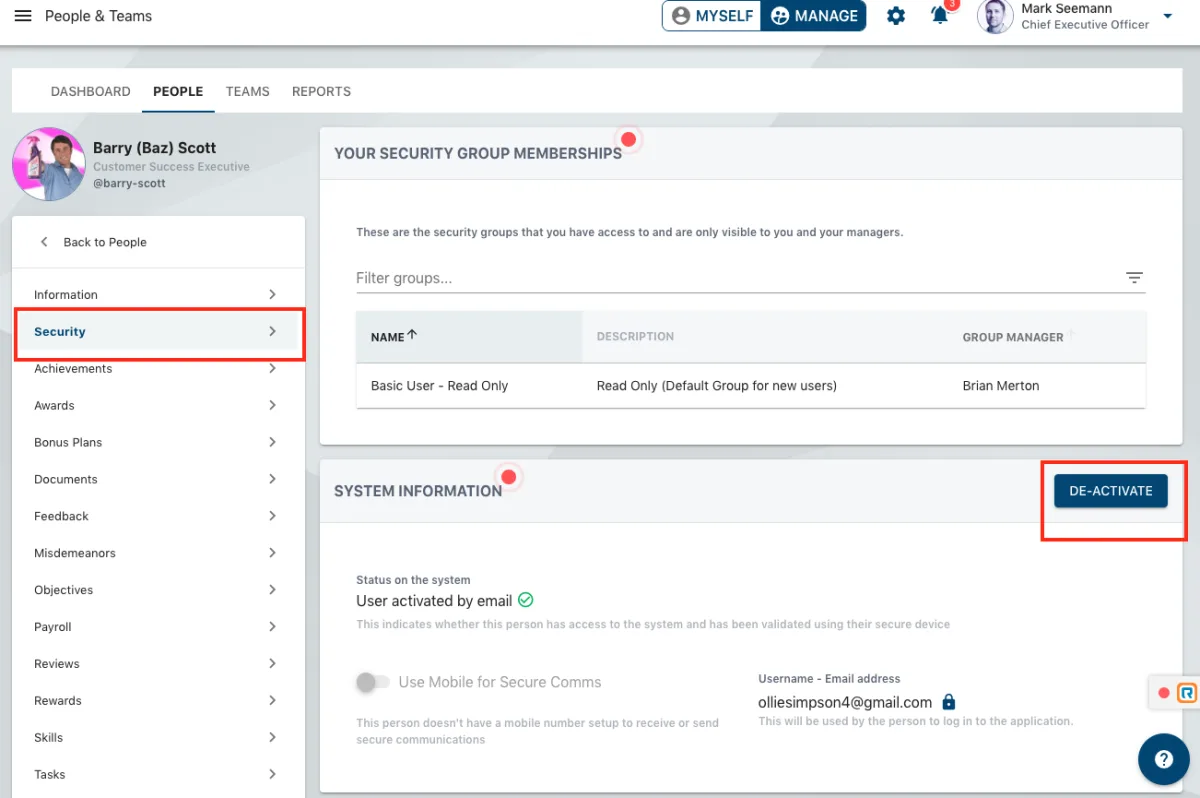 Screenshot from the StaffCircle platform: How do I de-activate or terminate a user or staff account?