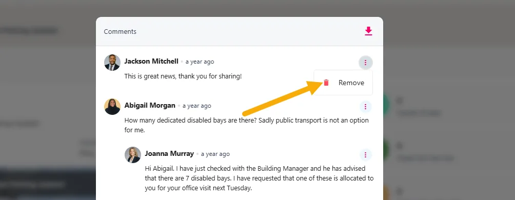 Screenshot from the StaffCircle platform: How do I delete a comment on a post?