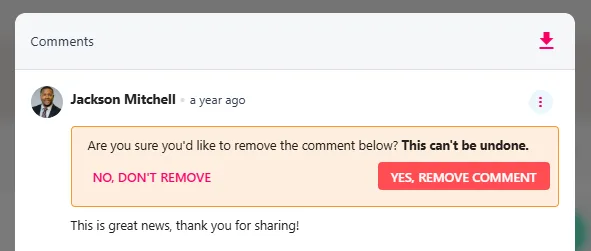 Screenshot from the StaffCircle platform: How do I delete a comment on a post?