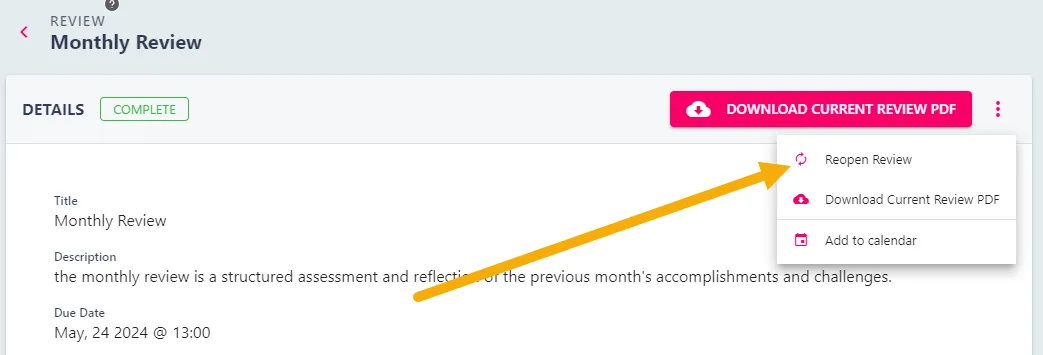 Screenshot from the StaffCircle platform: How do I reopen a review?