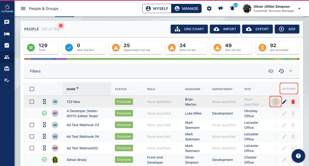 Screenshot from the StaffCircle platform: How do I reset a users password?