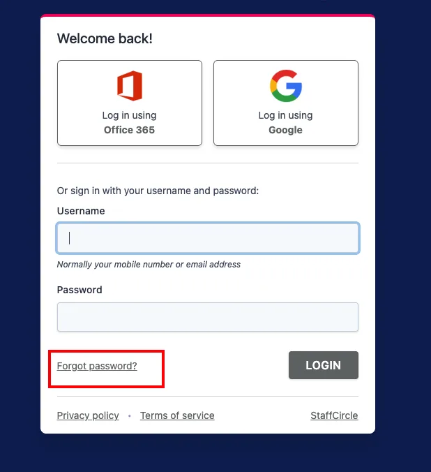 Screenshot from the StaffCircle platform: How do I reset my Password?
