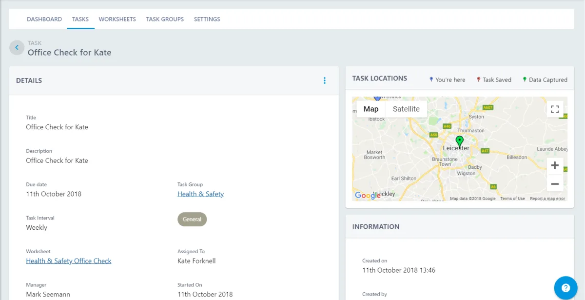 Screenshot from the StaffCircle platform: How do I view a complete task and its relevant worksheet as a manager?