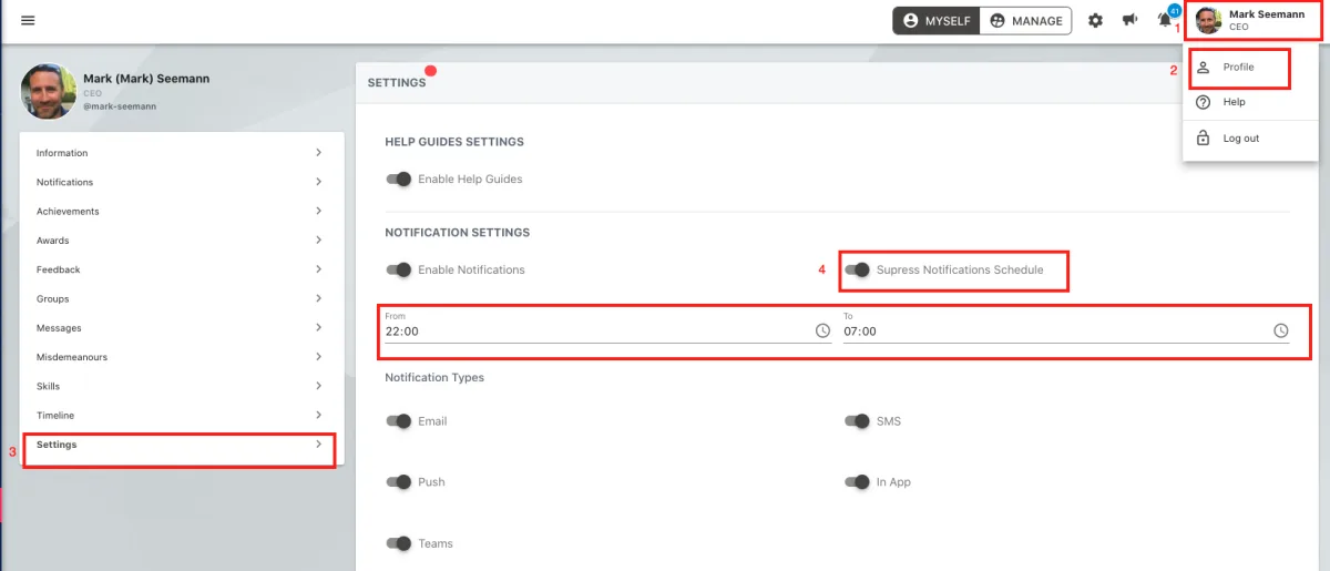 Screenshot from the StaffCircle platform: How do the system notifications work with my quiet hours and my timezone?