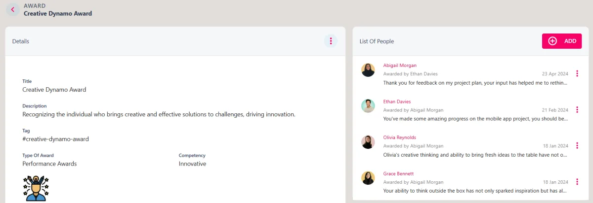 Screenshot from the StaffCircle platform: How to assign an award via the Award Details page?