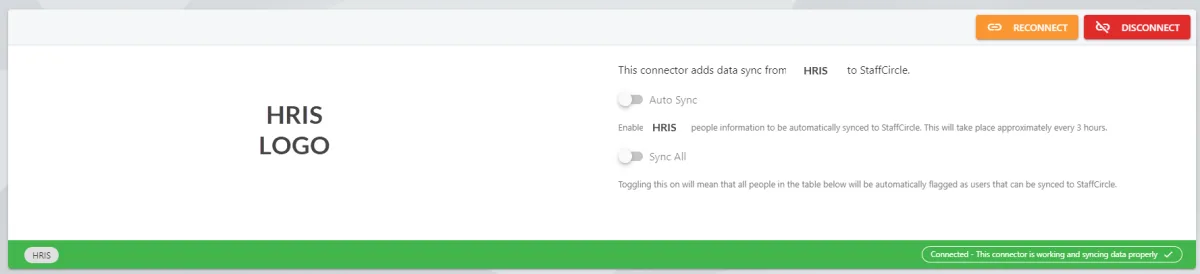 Screenshot from the StaffCircle platform: HRIS Connectors Set-Up