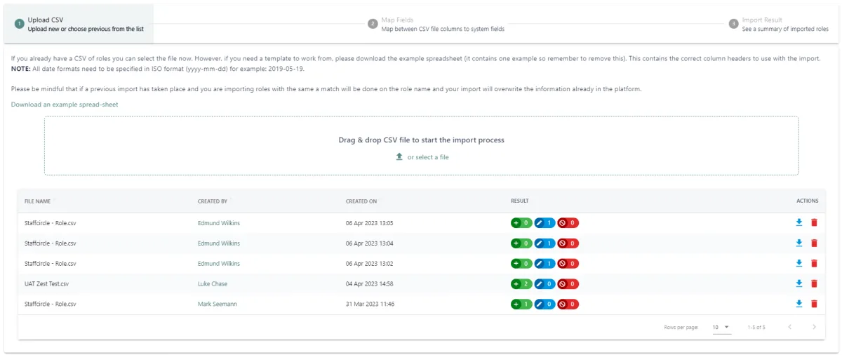 Screenshot from the StaffCircle platform: Importer: Roles