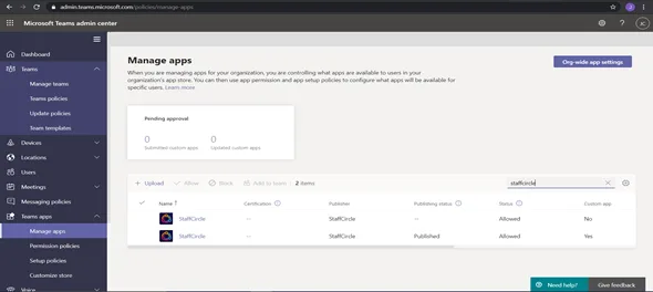 Screenshot from the StaffCircle platform: Installing the Microsoft Teams Integration - for the IT Administrator - using Teams Admin