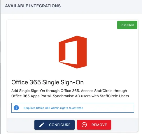 Screenshot from the StaffCircle platform: Microsoft 365 Integration v.1.5.0