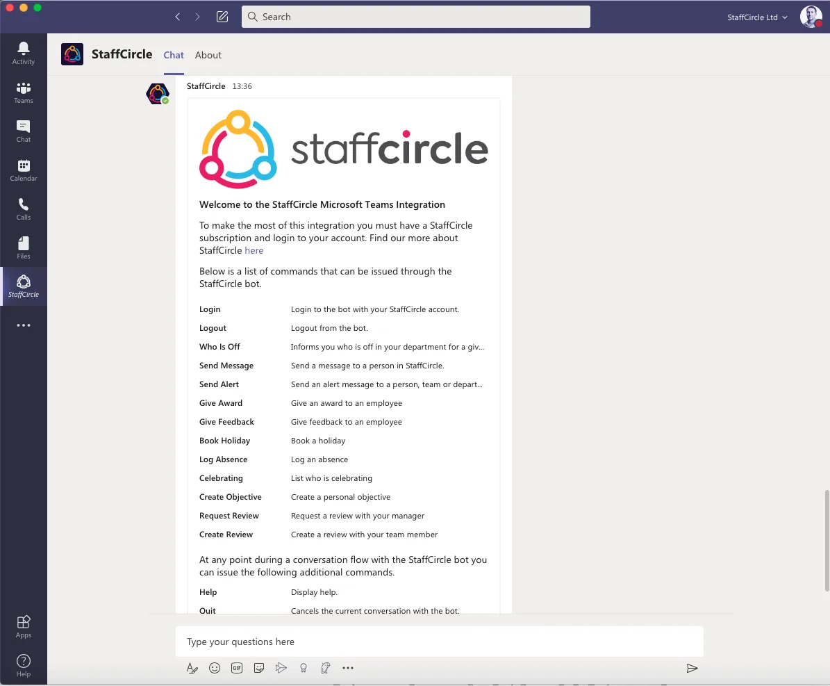Screenshot from the StaffCircle platform: Microsoft Teams Integration v.1.10.0