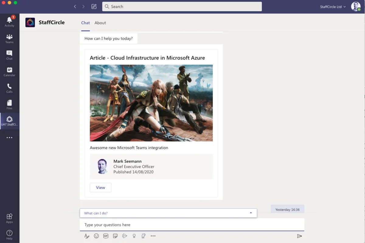 Screenshot from the StaffCircle platform: Microsoft Teams Integration v.1.10.0