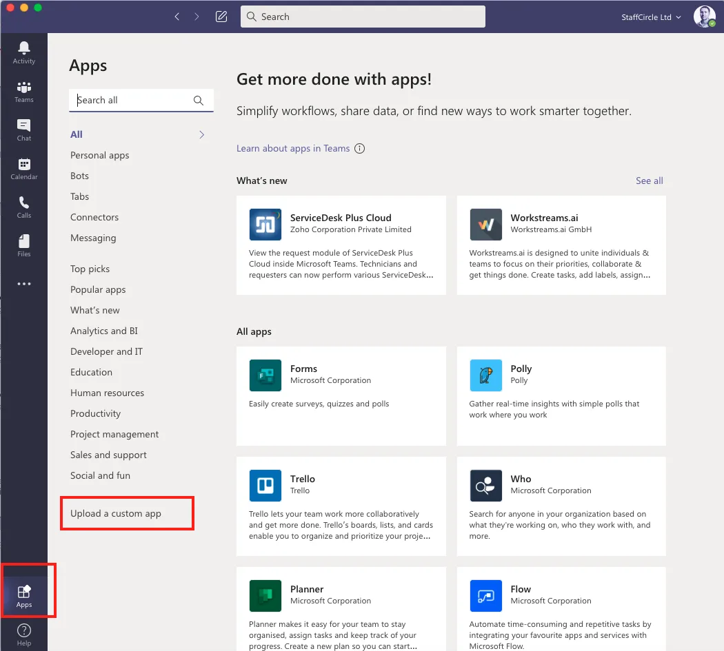 Screenshot from the StaffCircle platform: Microsoft Teams Integration v.1.10.0