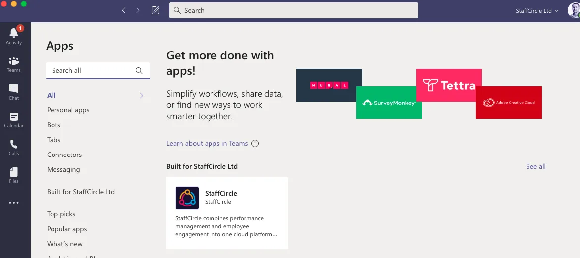 Screenshot from the StaffCircle platform: Microsoft Teams Integration v.1.10.0