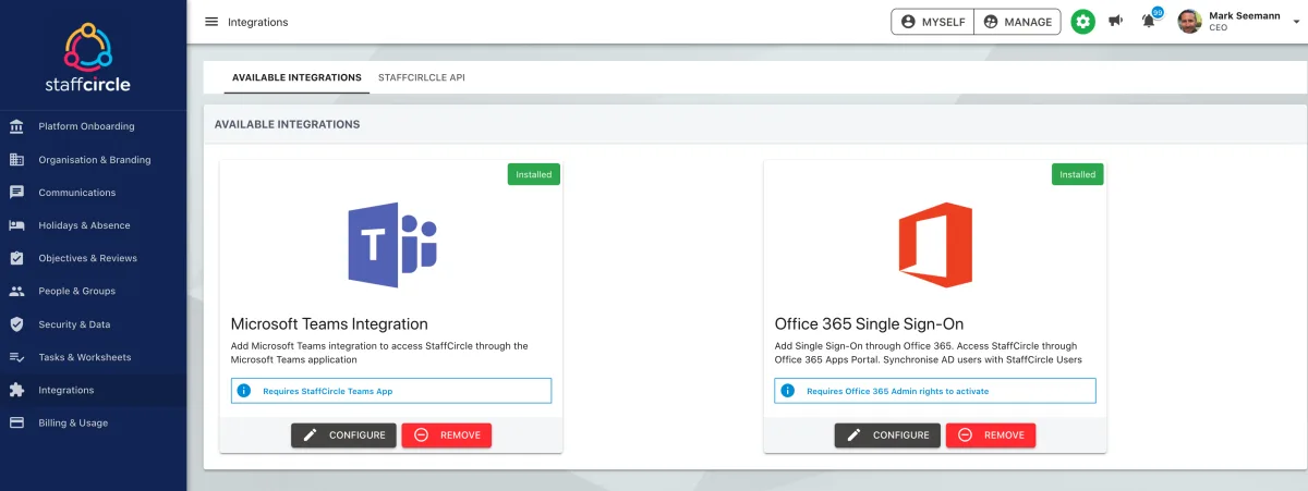 Screenshot from the StaffCircle platform: Microsoft Teams Integration v.1.10.0