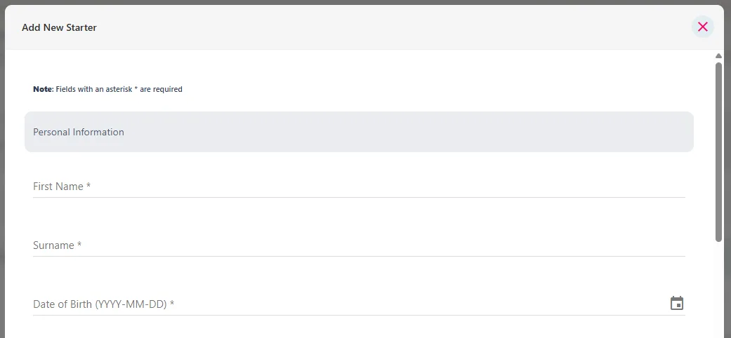 Screenshot from the StaffCircle platform: New Starter: Add