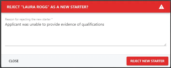 Screenshot from the StaffCircle platform: New Starter: Reject