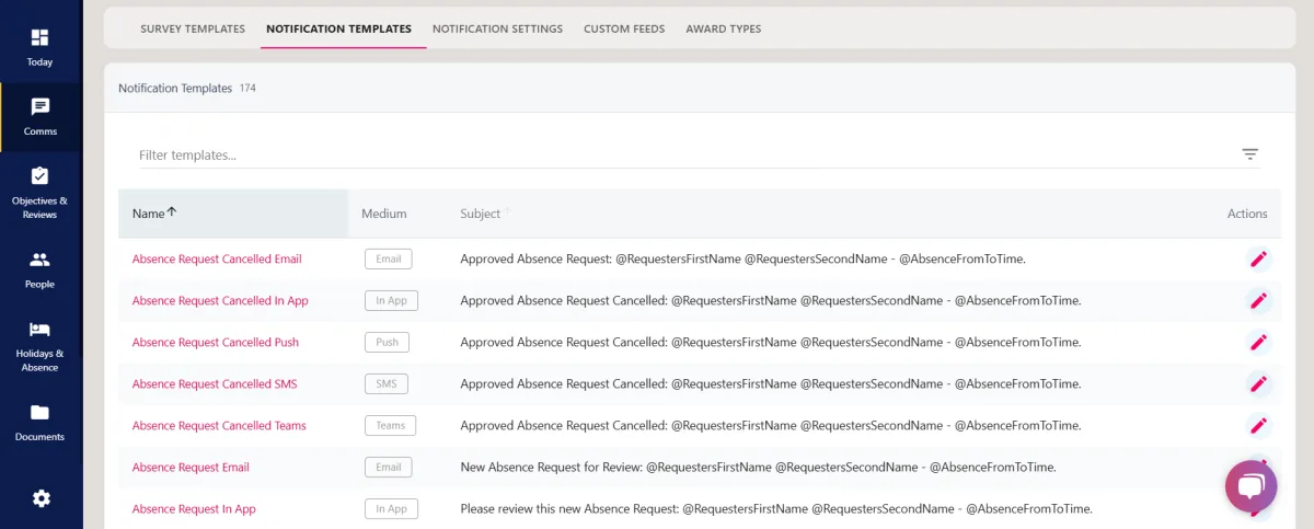 Screenshot from the StaffCircle platform: Notification Templates: Configure