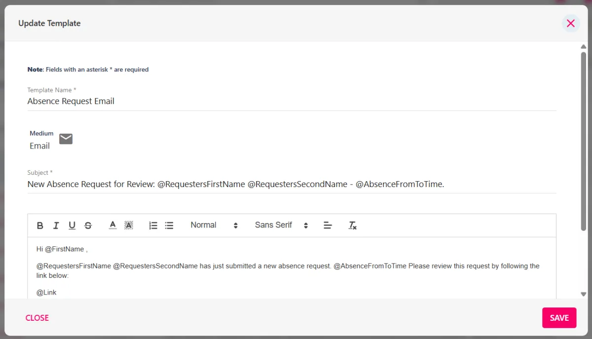 Screenshot from the StaffCircle platform: Notification Templates: Configure