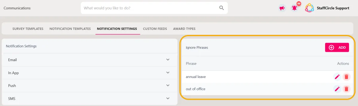 Screenshot from the StaffCircle platform: Notification Templates: Ignore Phrases