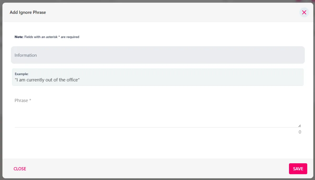 Screenshot from the StaffCircle platform: Notification Templates: Ignore Phrases