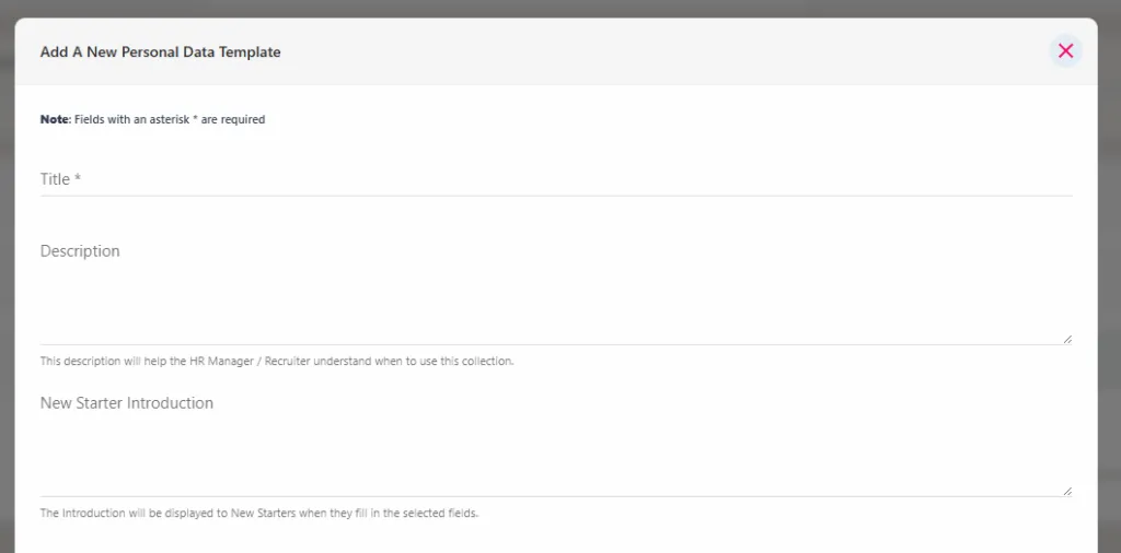 Screenshot from the StaffCircle platform: Onboarding: Personal Data Templates