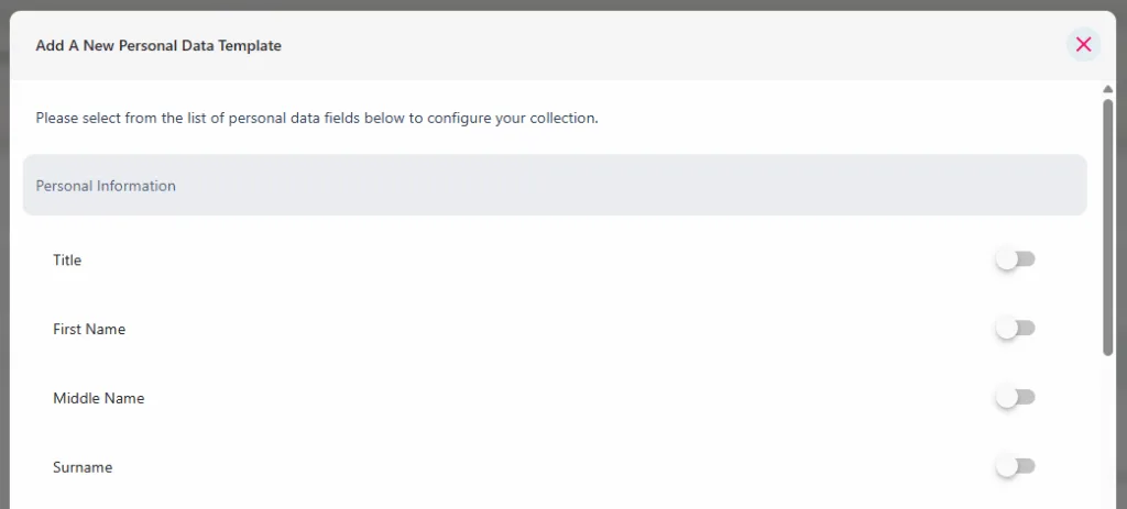 Screenshot from the StaffCircle platform: Onboarding: Personal Data Templates