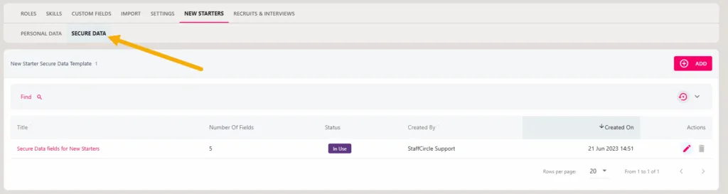 Screenshot from the StaffCircle platform: Onboarding: Secure Data Templates
