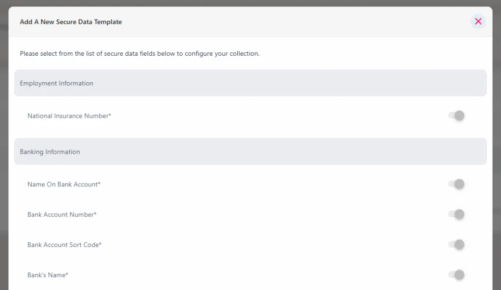 Screenshot from the StaffCircle platform: Onboarding: Secure Data Templates
