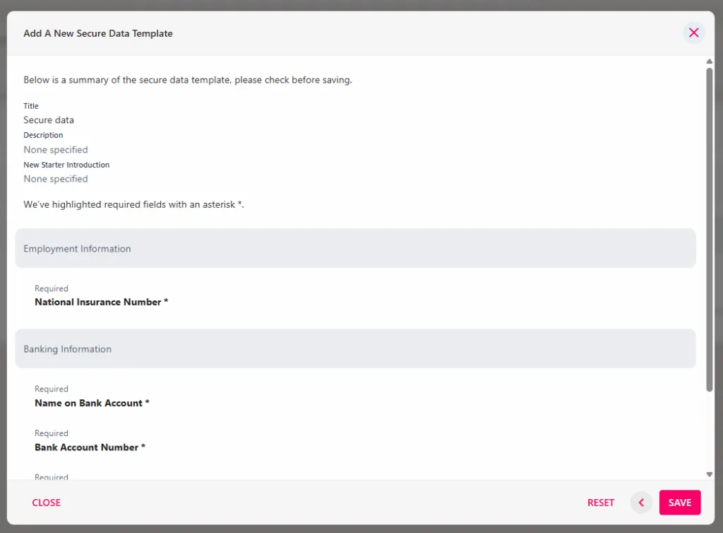Screenshot from the StaffCircle platform: Onboarding: Secure Data Templates