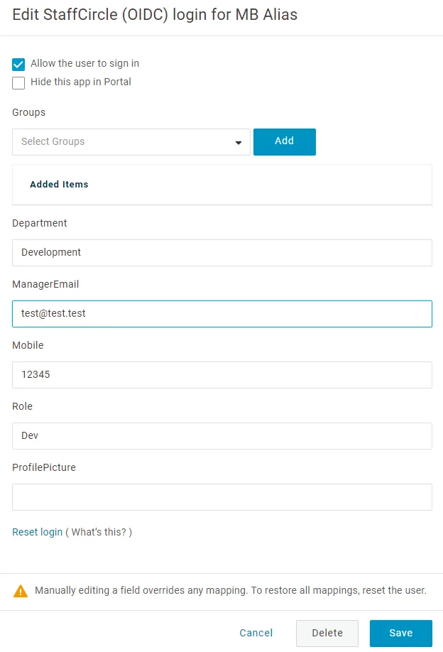 Screenshot from the StaffCircle platform: OneLogin Setup