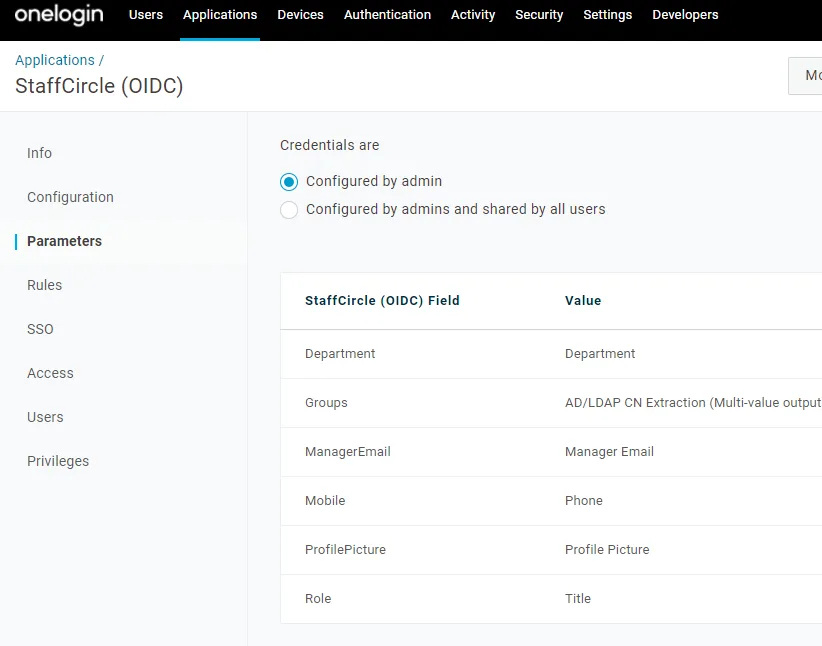 Screenshot from the StaffCircle platform: OneLogin Setup
