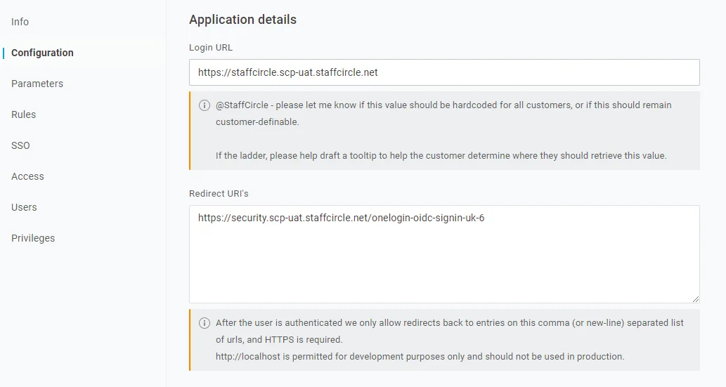 Screenshot from the StaffCircle platform: OneLogin Setup