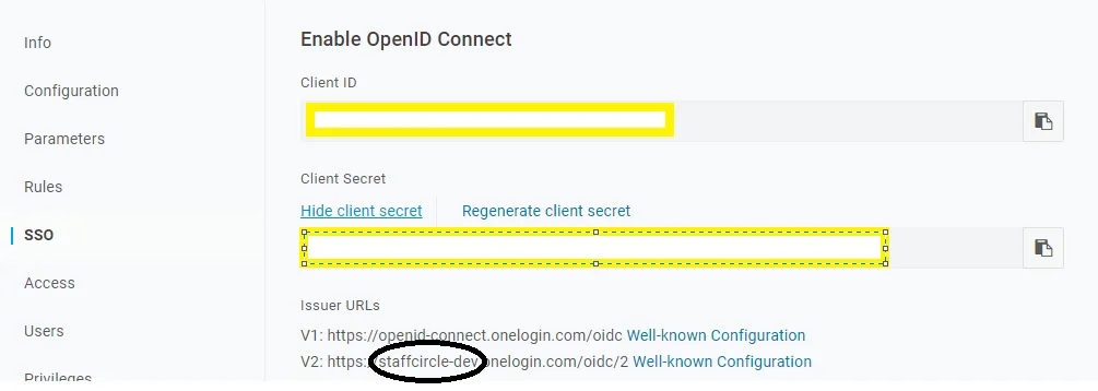 Screenshot from the StaffCircle platform: OneLogin Setup