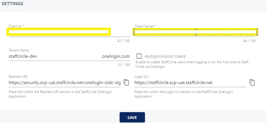 Screenshot from the StaffCircle platform: OneLogin Setup