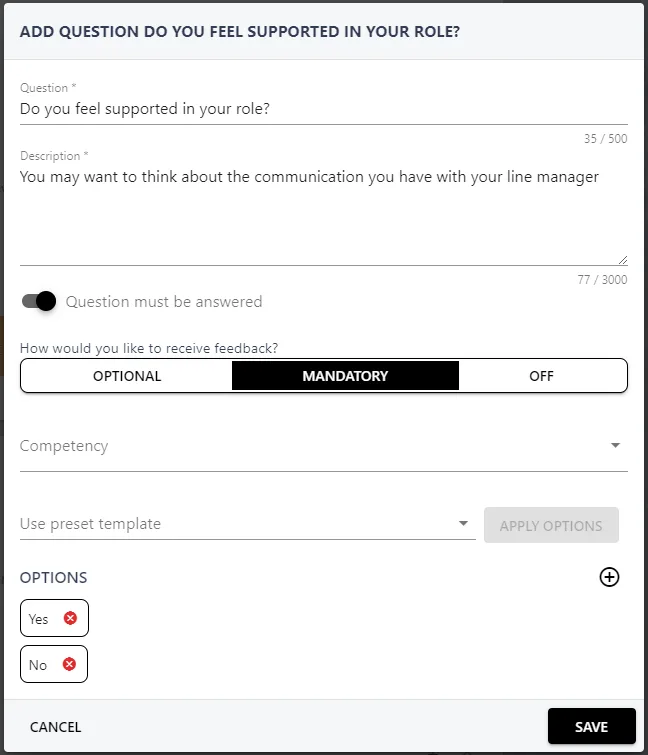 Screenshot from the StaffCircle platform: Option-based Questions