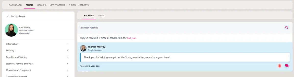 Screenshot from the StaffCircle platform: Overview: Feedback