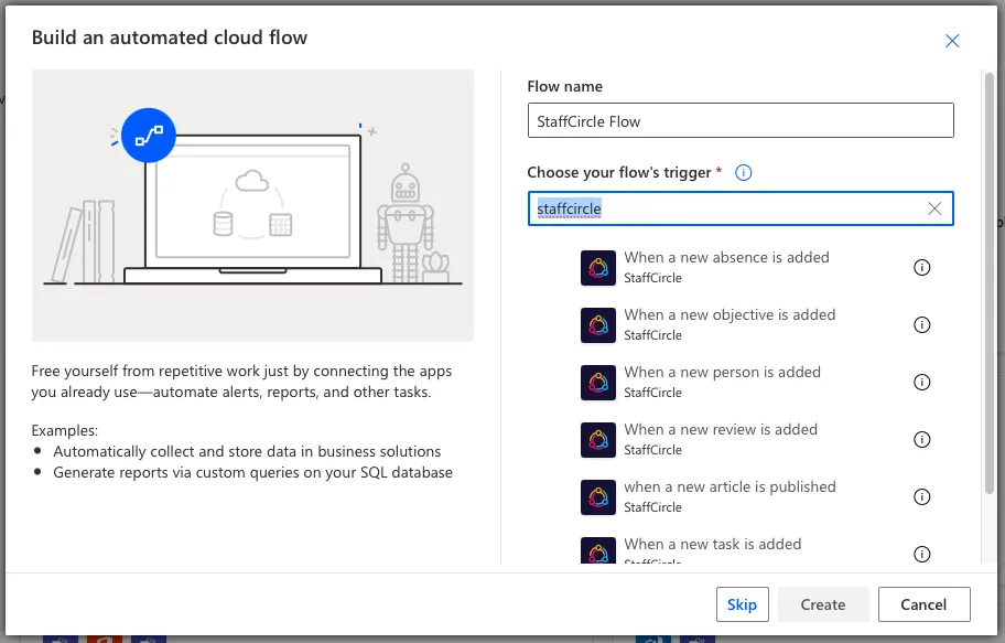Screenshot from the StaffCircle platform: Power Automate Integration
