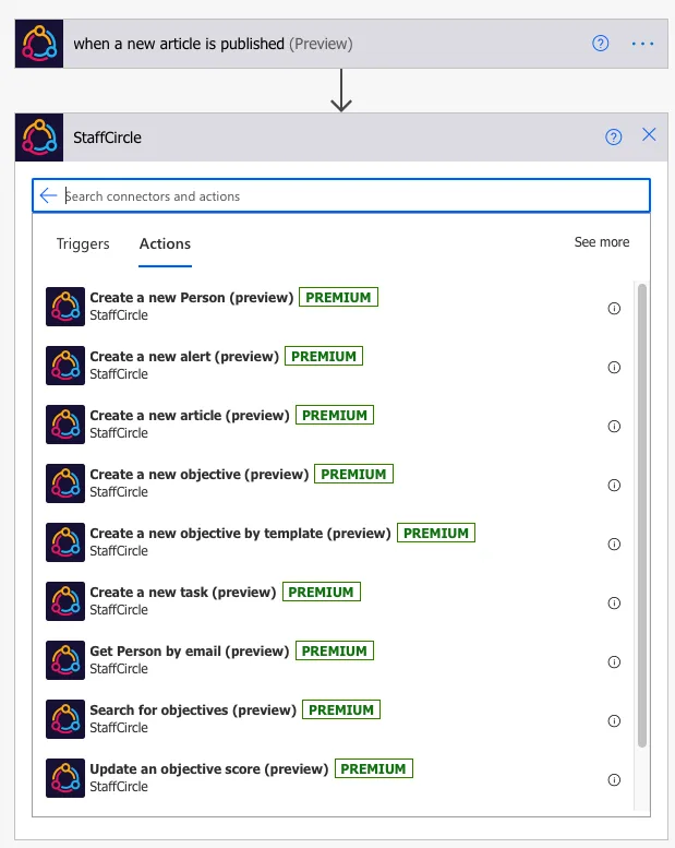 Screenshot from the StaffCircle platform: Power Automate Integration