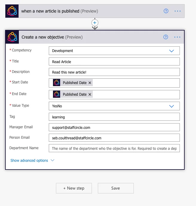 Screenshot from the StaffCircle platform: Power Automate Integration