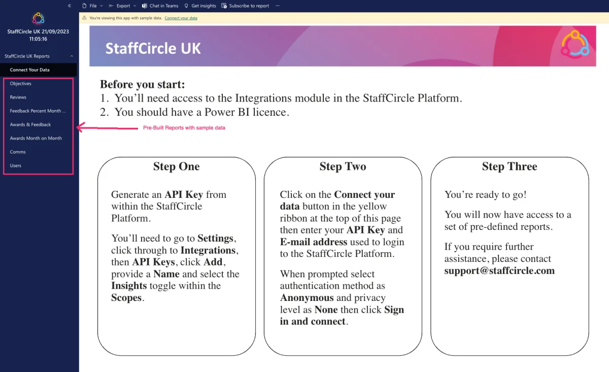 Screenshot from the StaffCircle platform: Power BI App Setup