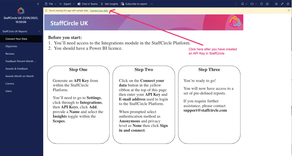 Screenshot from the StaffCircle platform: Power BI App Setup