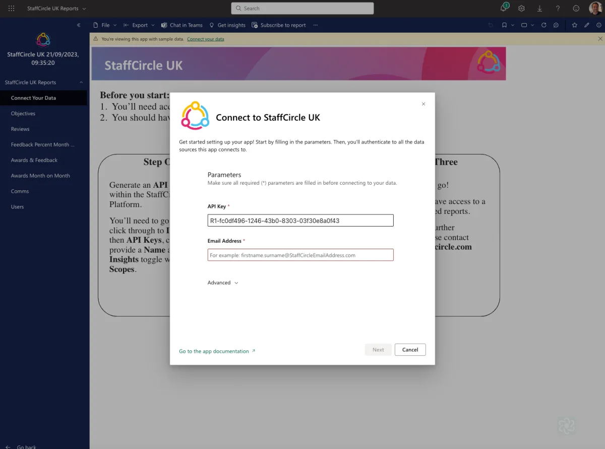 Screenshot from the StaffCircle platform: Power BI App Setup