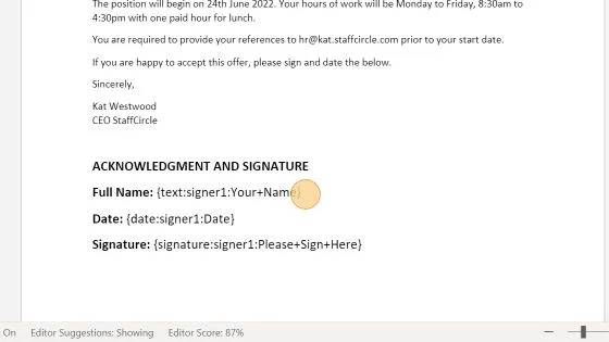 Screenshot from the StaffCircle platform: Prepare Document(s) for E-Sign