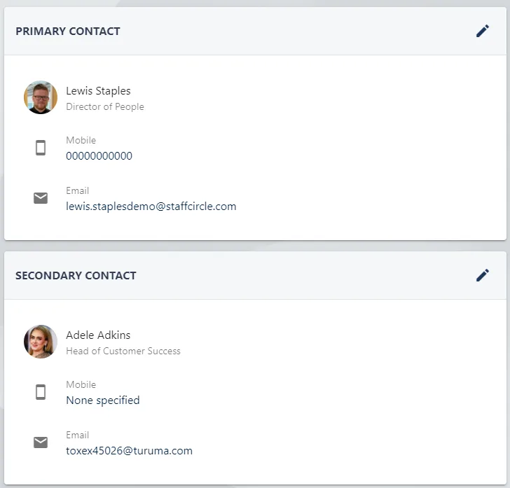 Screenshot from the StaffCircle platform: Primary & Secondary Contacts