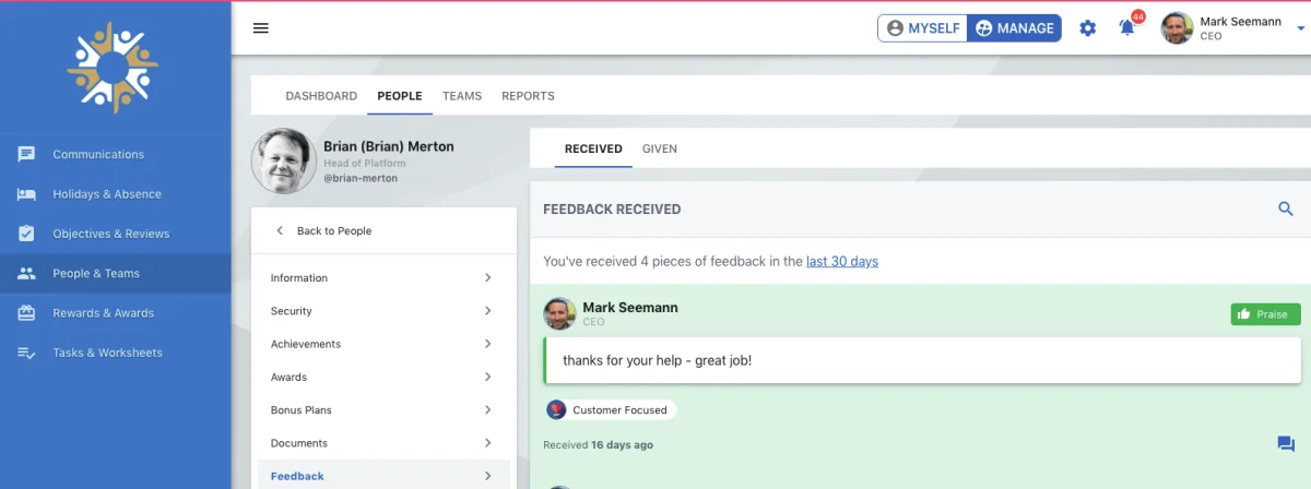Screenshot from the StaffCircle platform: Realtime Performance Feedback v.1.7.0