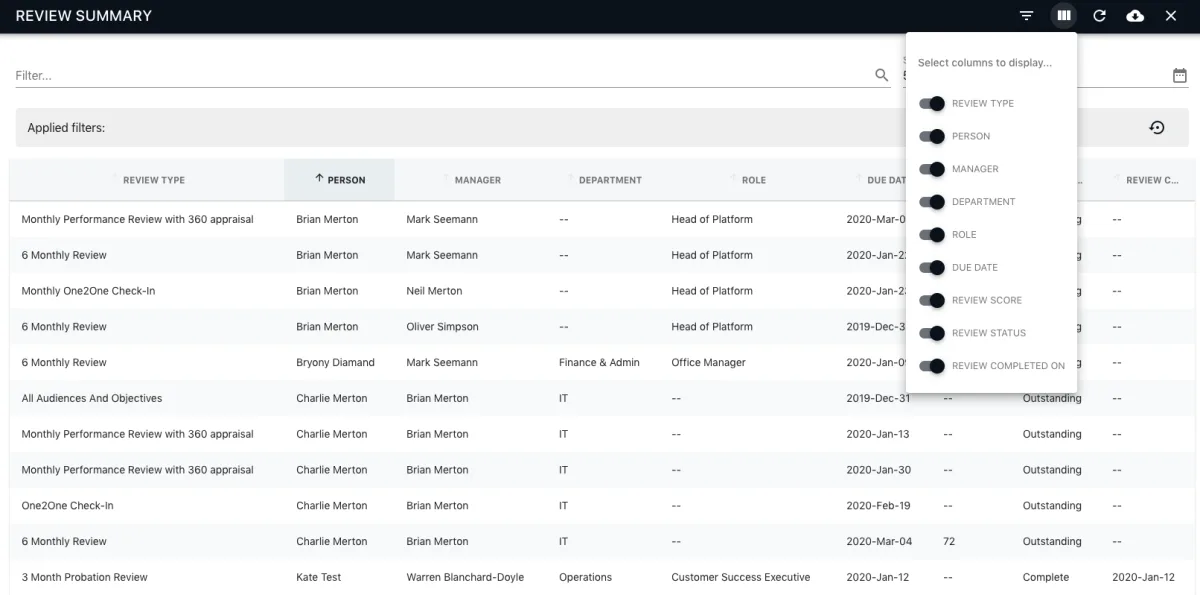 Screenshot from the StaffCircle platform: Realtime Performance Feedback v.1.7.0