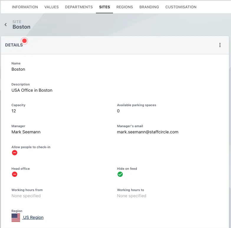 Screenshot from the StaffCircle platform: Regions: Associate a Site