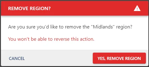 Screenshot from the StaffCircle platform: Regions: Delete